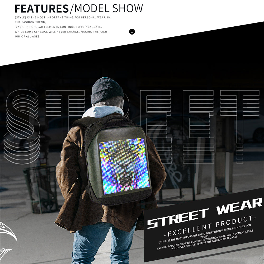 T3 Smart Bluetooth LED Display Backpack DIY Fashion Waterproof DIY Laptop Daypack Bag Full Color Screen and Programmable T3 Smart Bluetooth LED Display Backpack DIY Fashion Waterproof DIY Laptop Daypack Bag Full Color Screen and Programmable